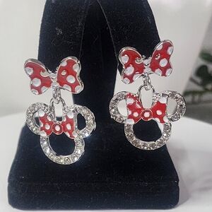 Silver and Red Bow Mouse Earrings